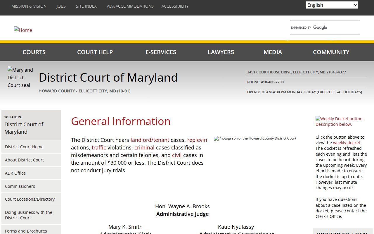Howard County District Court directory page for Howard County bench warrant records