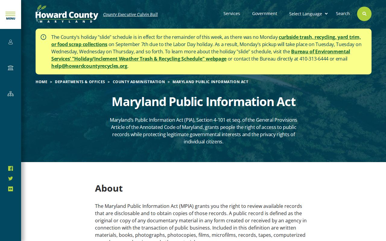 Howard County Maryland Public Information Act submission page for Howard County warrant records