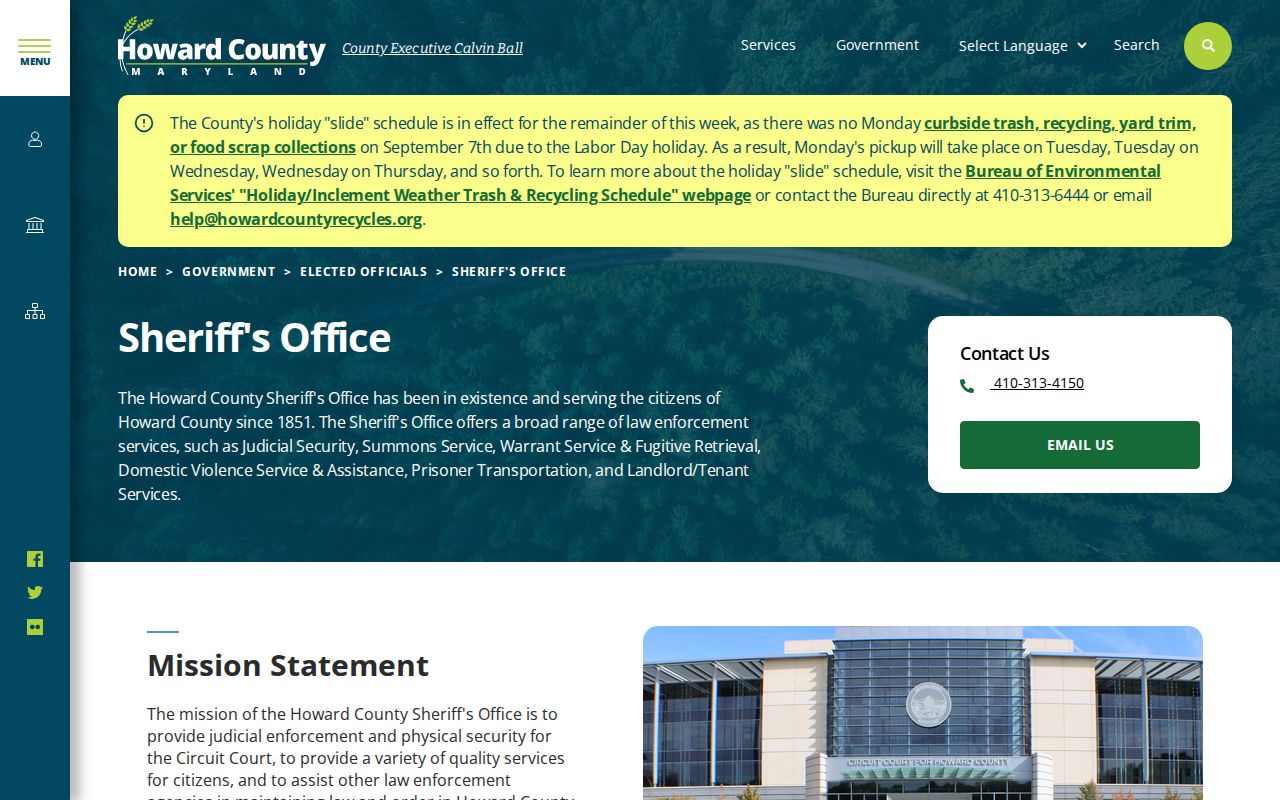Howard County Sheriff's Office contact page for Howard County municipal court warrant records