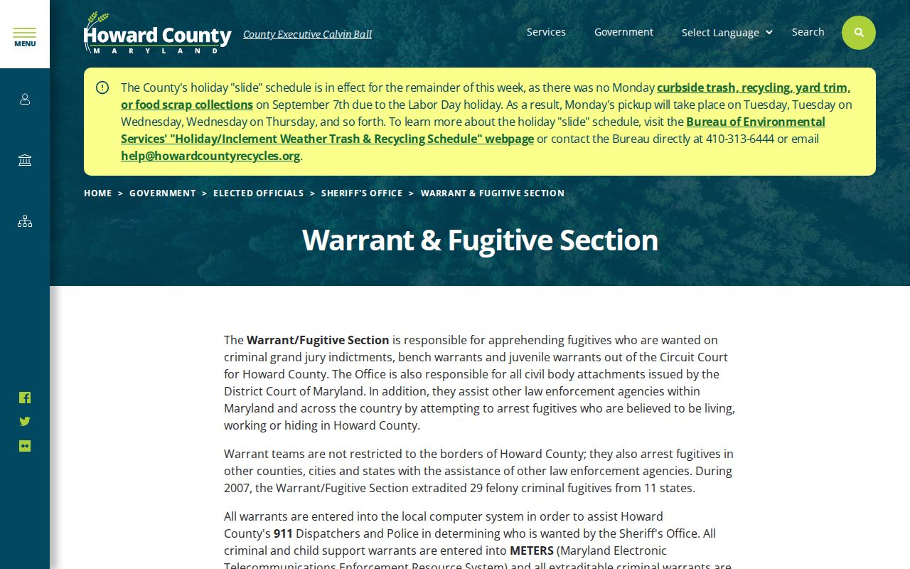 Howard County Sheriff's Warrant and Fugitive Section page for Howard County most wanted records