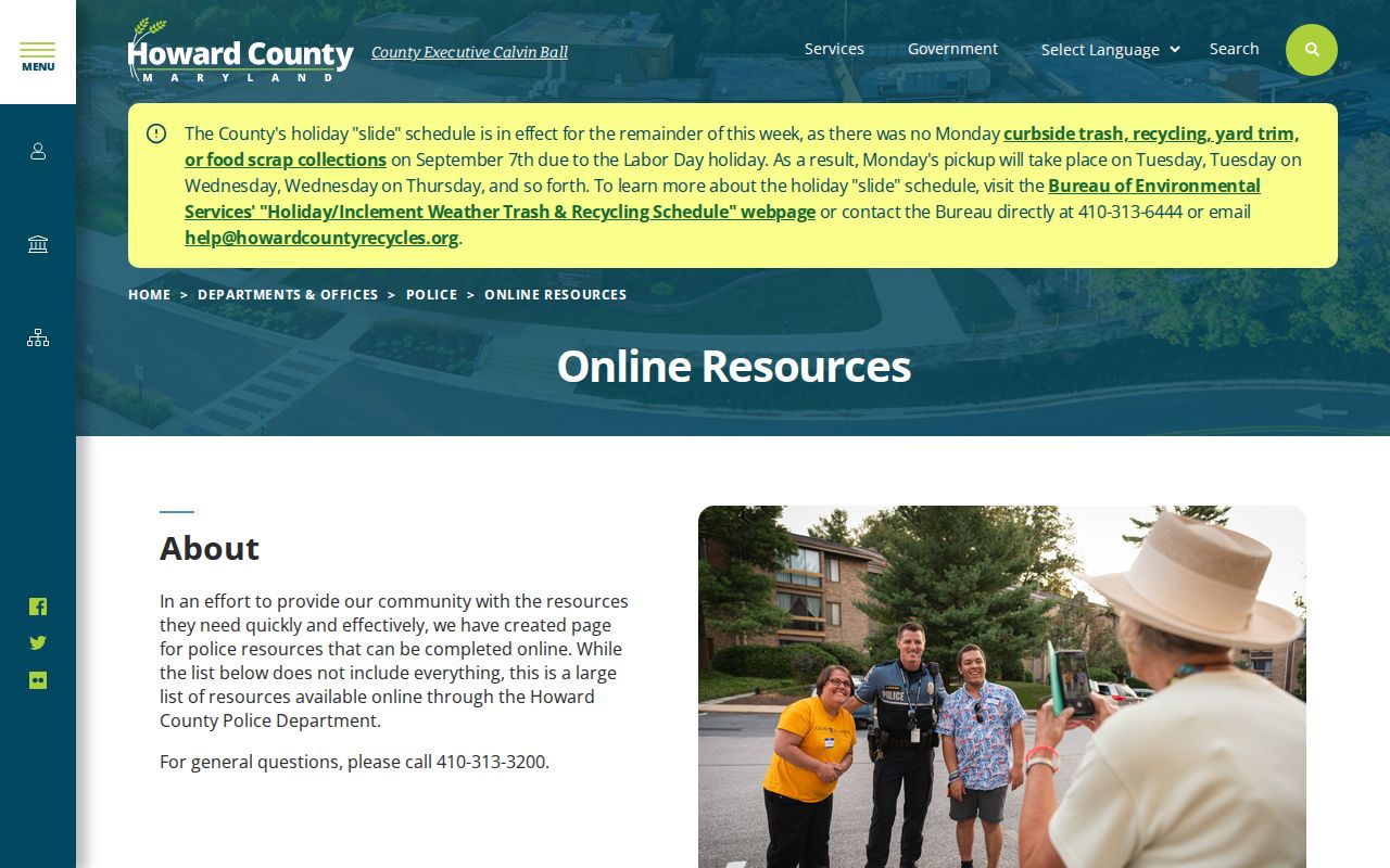 Howard County Police Department public records request page for Howard County warrant records