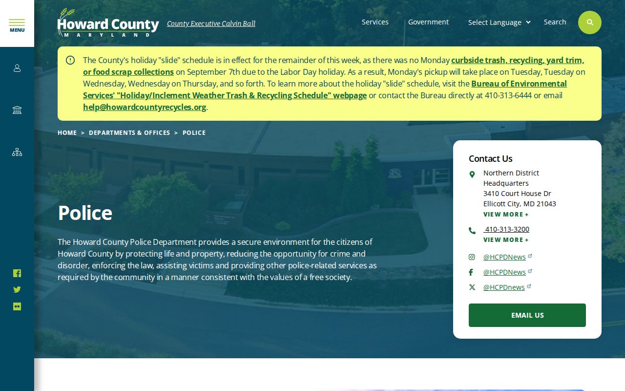 Howard County Police Department headquarters page for Howard County arrest warrant records