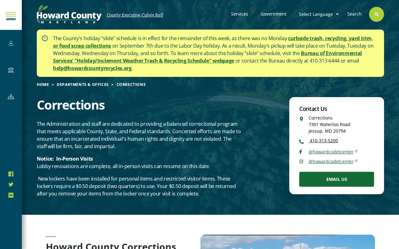 Howard County detention and central booking page for Howard County arrest warrant records