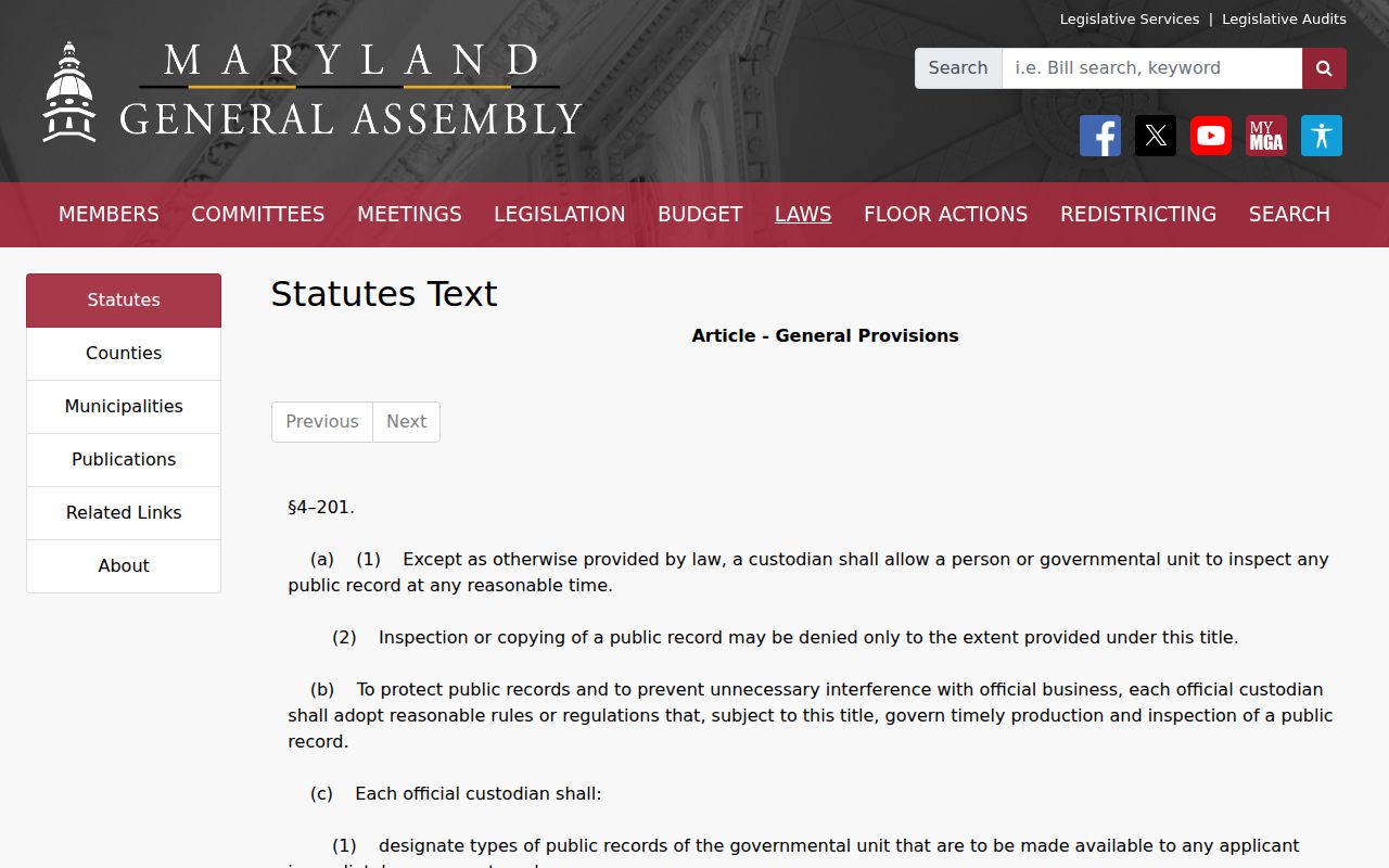 Official Maryland statute page used for Howard County bench warrant records access rules